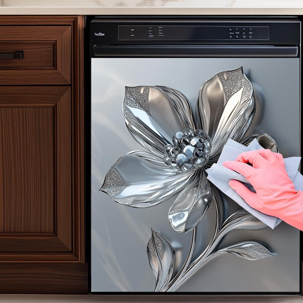 Decalque de Parede Metálico Elegante de Flores para Eletrodomésticos de Cozinha - Autoadesivo e Removível