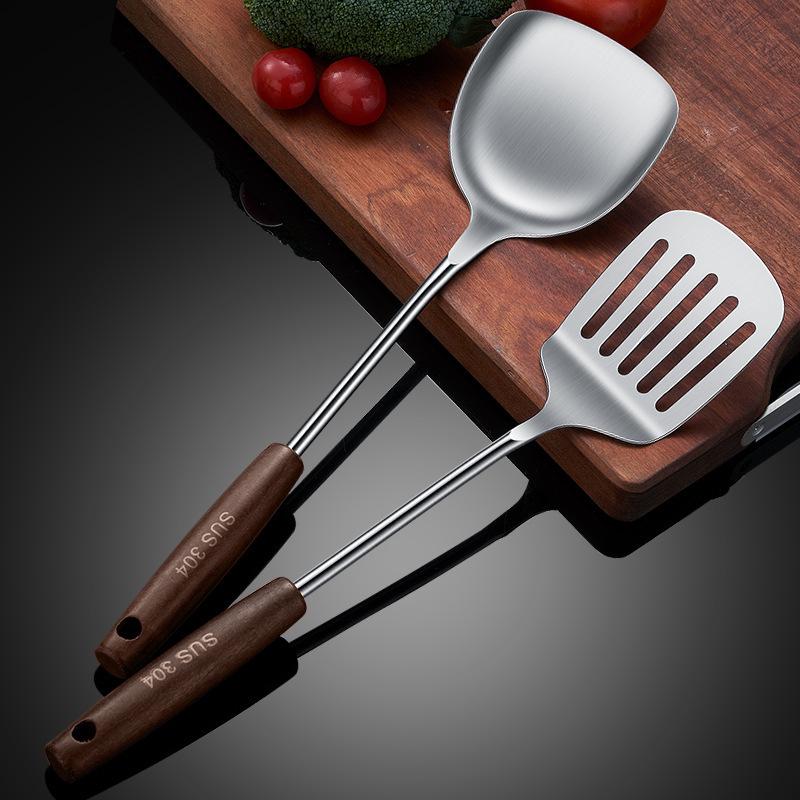 Stainless Steel Kitchen Utensil Set: Thickened Frying Spatula, Soup Ladle, Slotted Spoon with Wooden Handle