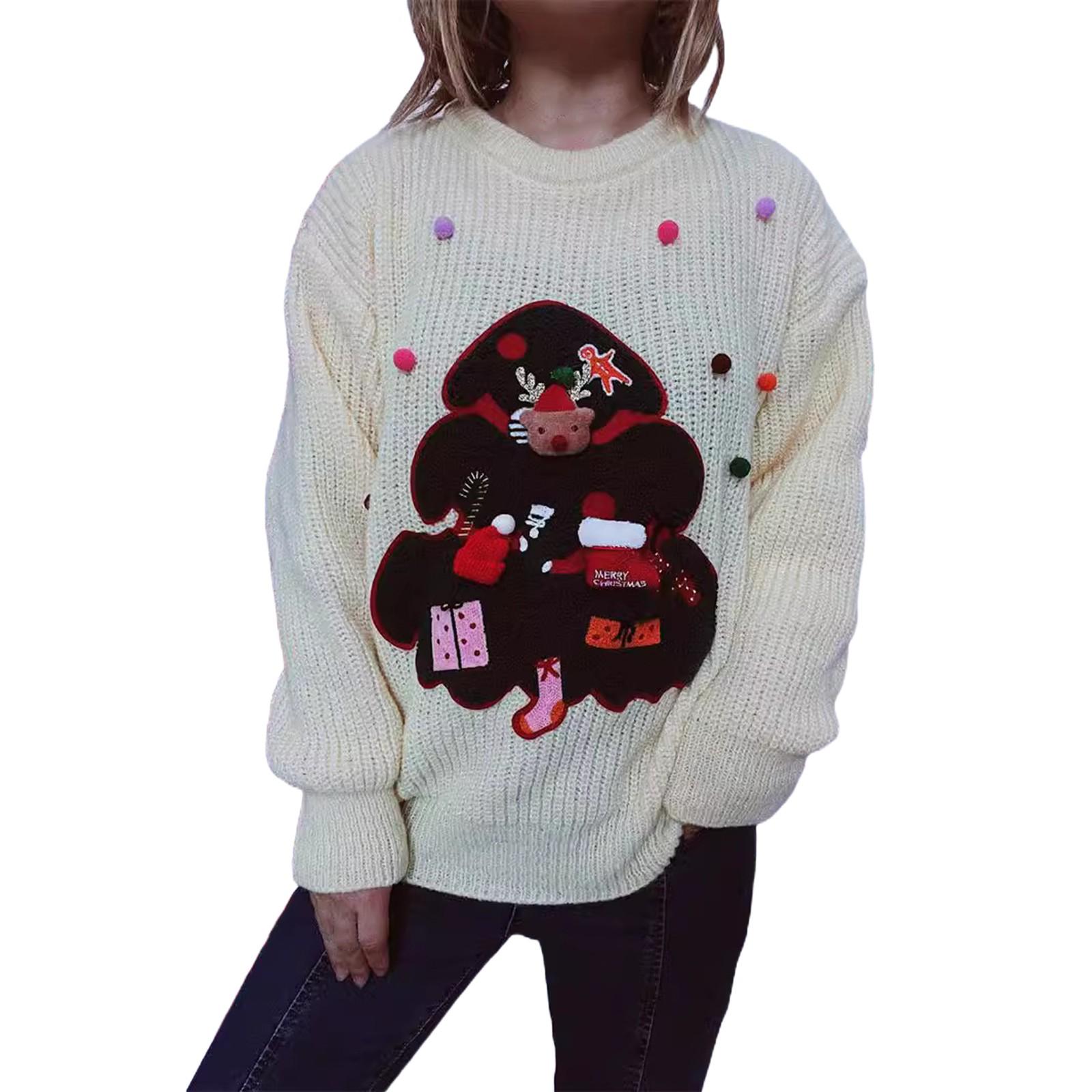 

Женская мода осень и зима рождественский свободный круглый вырез пуловер вязаный свитер L белый