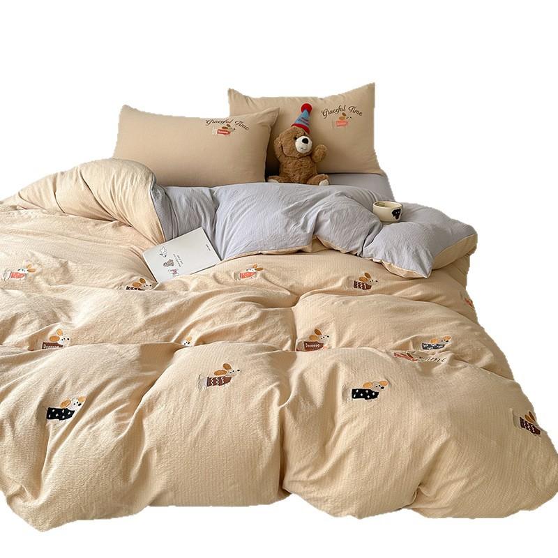 New bed four-piece set cartoon embroidery design student dormitory bed sheet quilt cover three-piece set machine washable