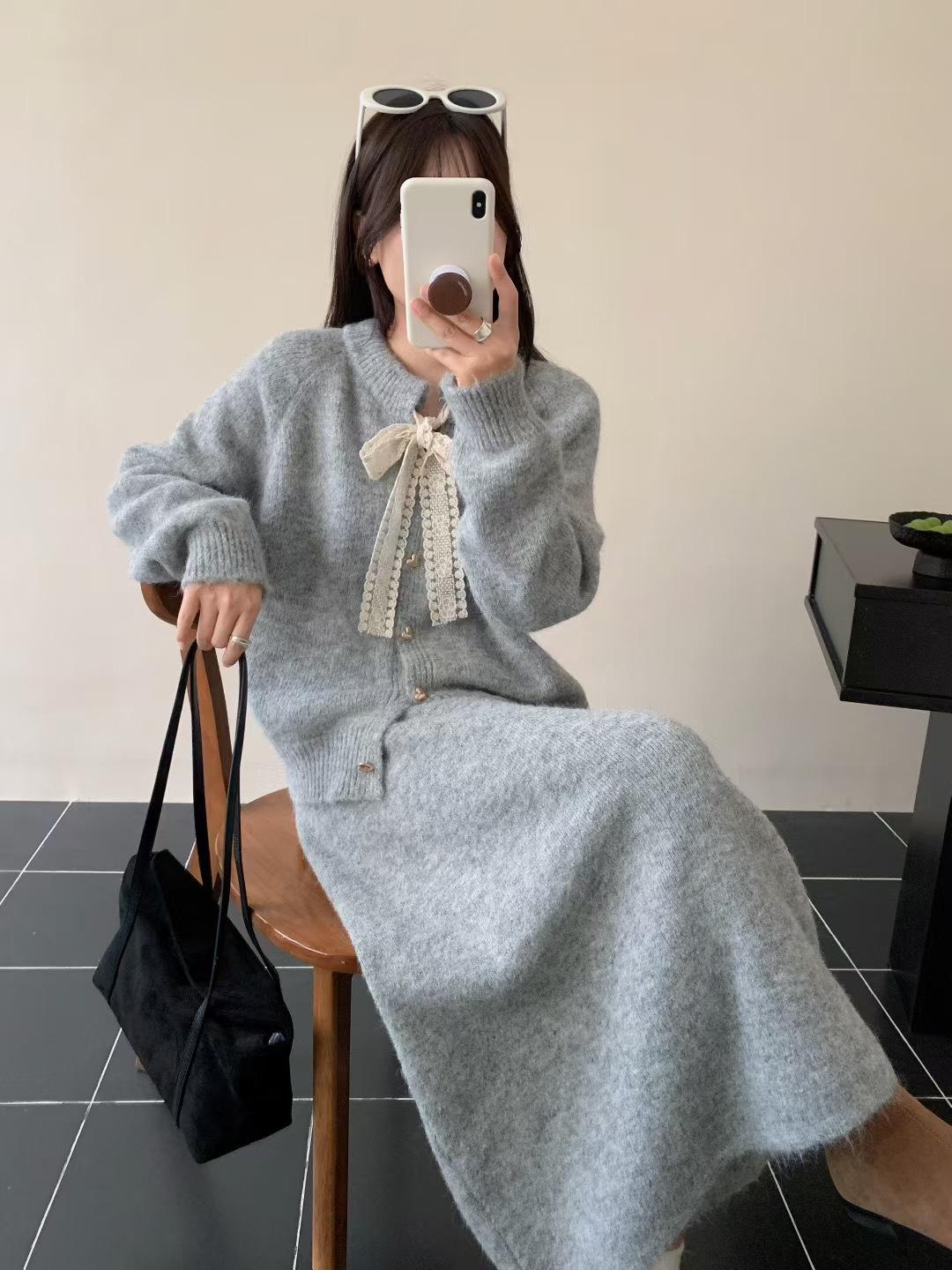 

Lace-Up Cardigan & Midi Skirt Two-Piece Set: 2025 Autumn/Winter Collection S