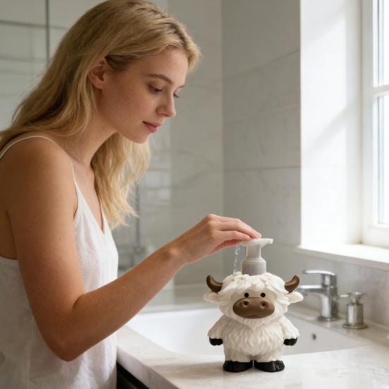 Seifenspender Highland Kuh Figur Handgefertigtes Design Seifenpumpe Auslaufsicher Badezimmer Küche Lotion Flasche