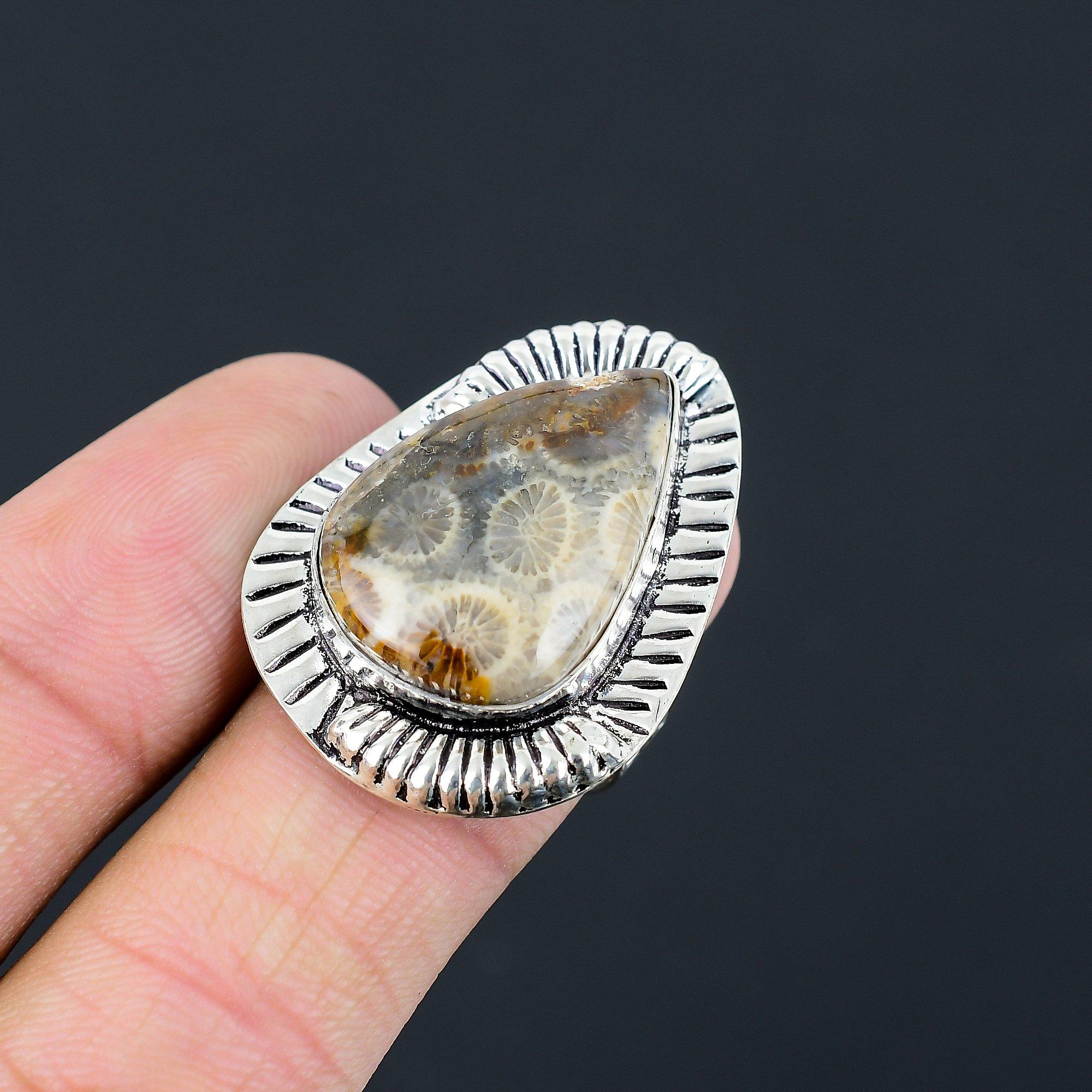 925 Sterling Silver Pear Fossil Coral Stone Sister Statement Handmade Ring US 8 8