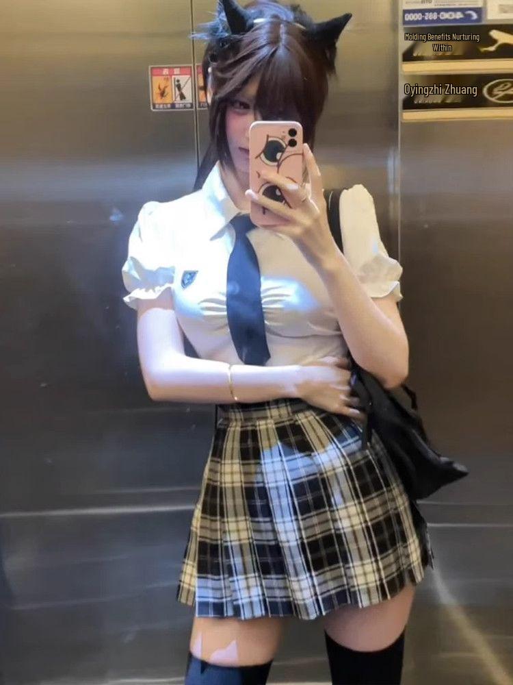 Academy Style Plaid Skirt & Shirt Set: Women's Waist-Hugging Pleated Two-Piece