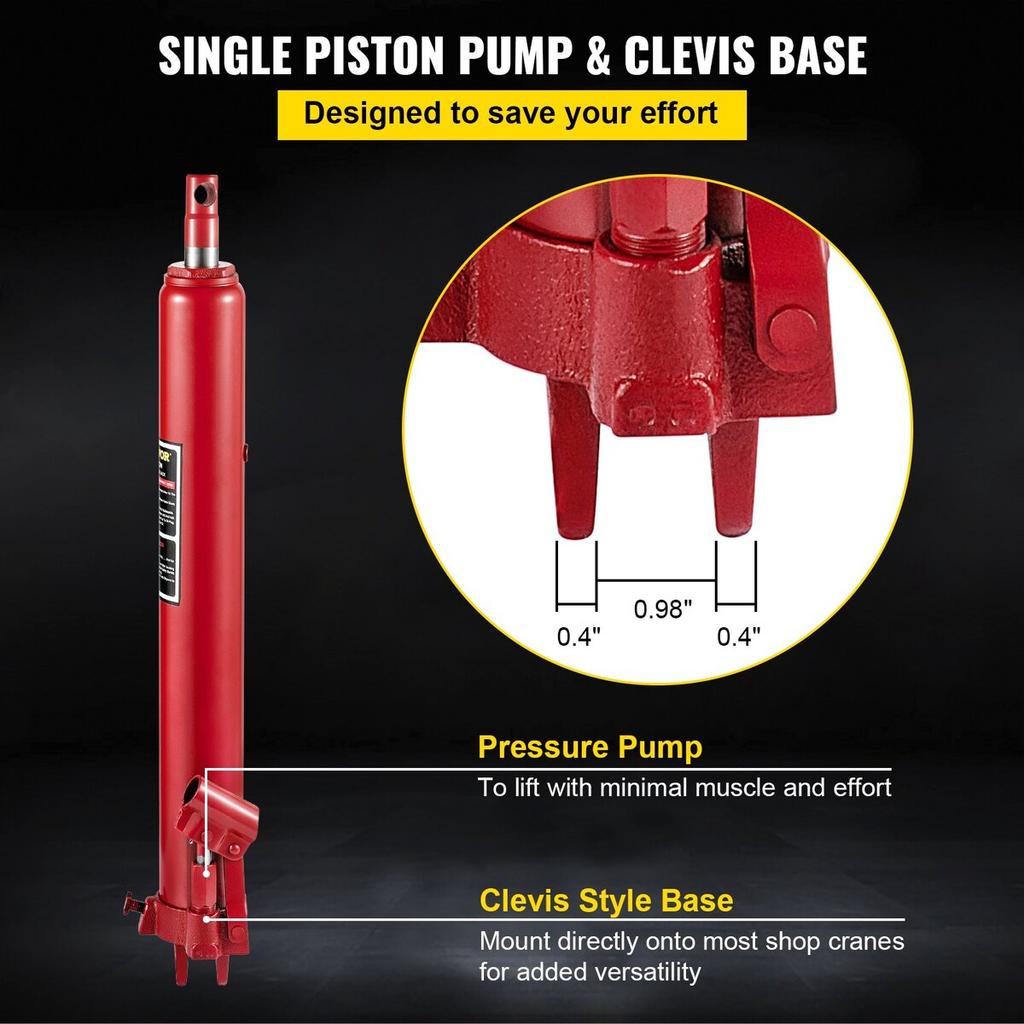 Hydraulic Long Ram Jack, 8 Tons/17363 lbs Capacity, with Single Piston Pump and Clevis Base, Manual Cherry Picker with Handle, for Garage/Shop Cranes,