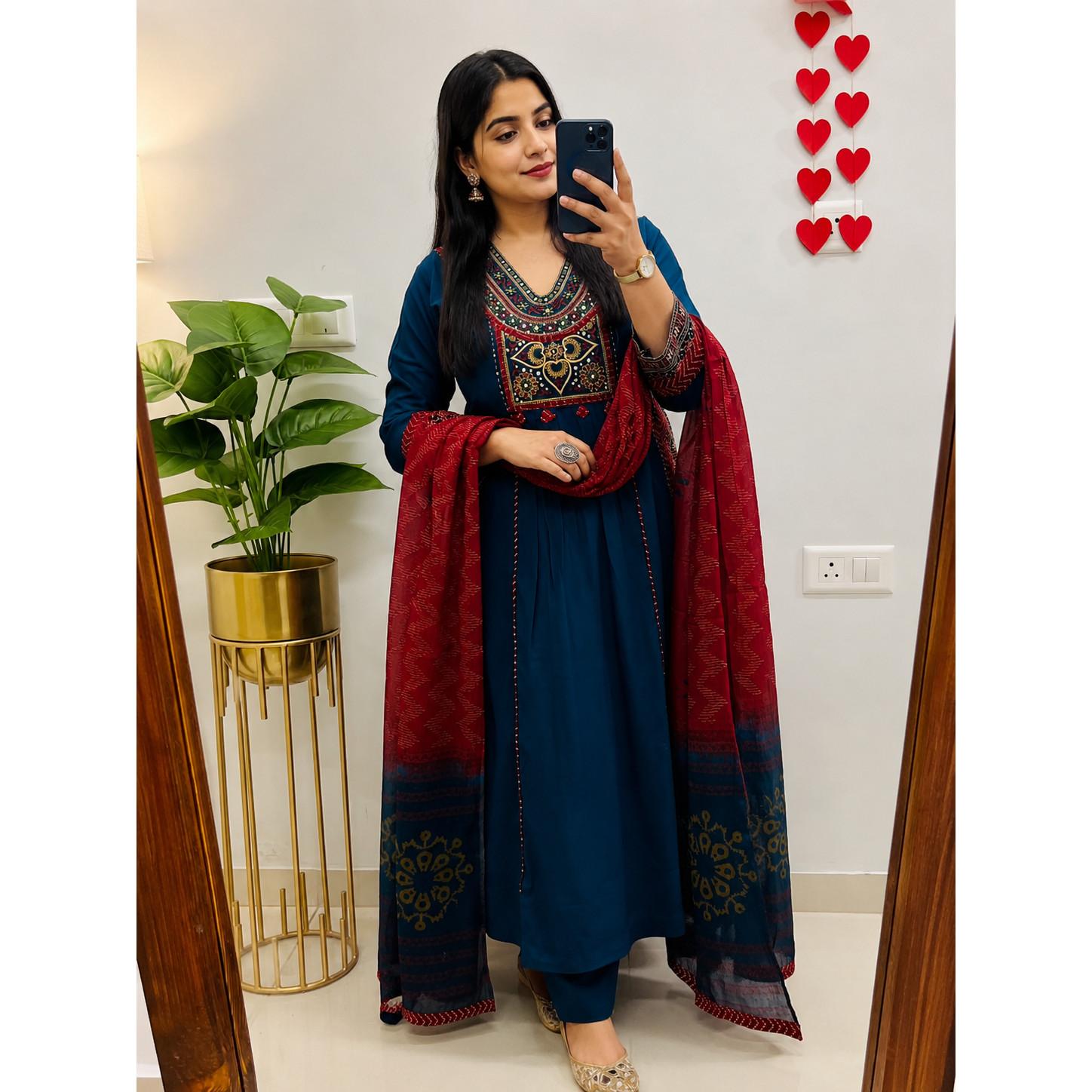 Party Wear Dabu Cotton Kurti Pant Dupatta Set Indian Pakistani Ethnic Kurta Set