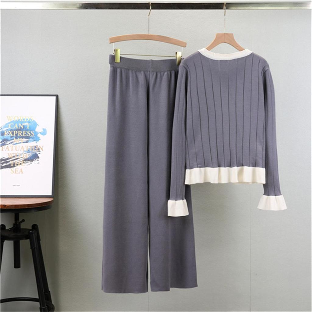 Autumn And Winter Trumpet Long Sleeved Knitted Cardigan Set Women's Fashion Wide Leg Pants Temperament TwoPiece Set