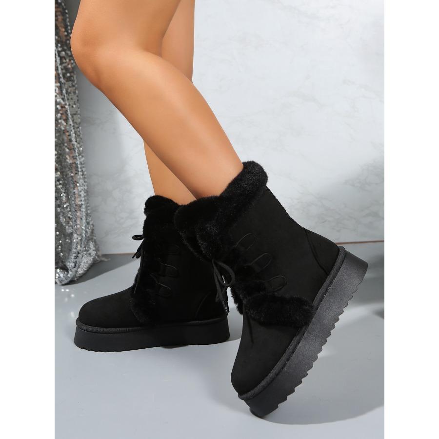 2025 Fall/Winter Women's Snow Boots with Fleece Lining, Thickened Sole, Height-Enhancing Design, Leather & Fur Combination, Cotton-Lined Warm Boots