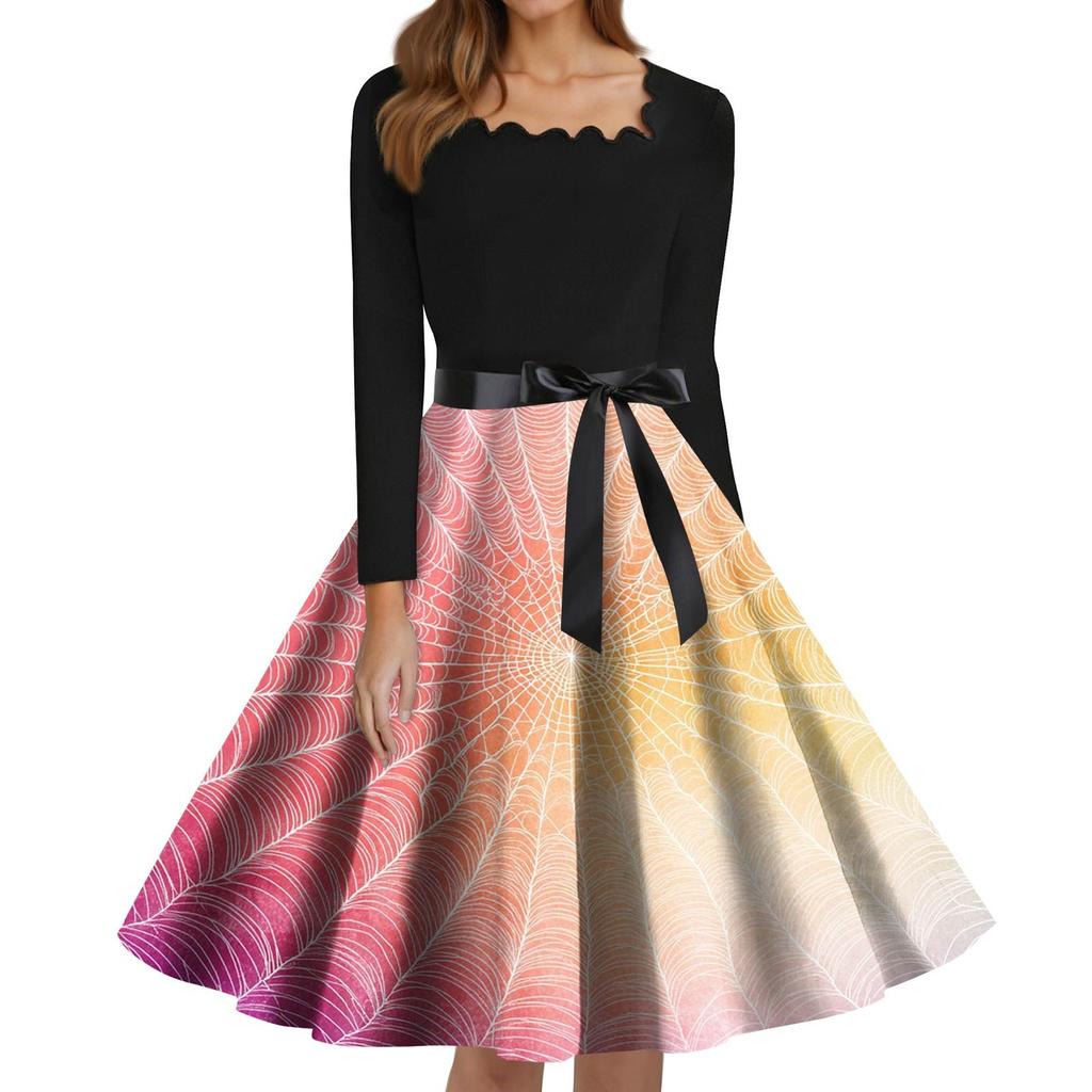 Women's Fashion Square Neck Casual Slim Halloween Printed Long Sleeve Dresses