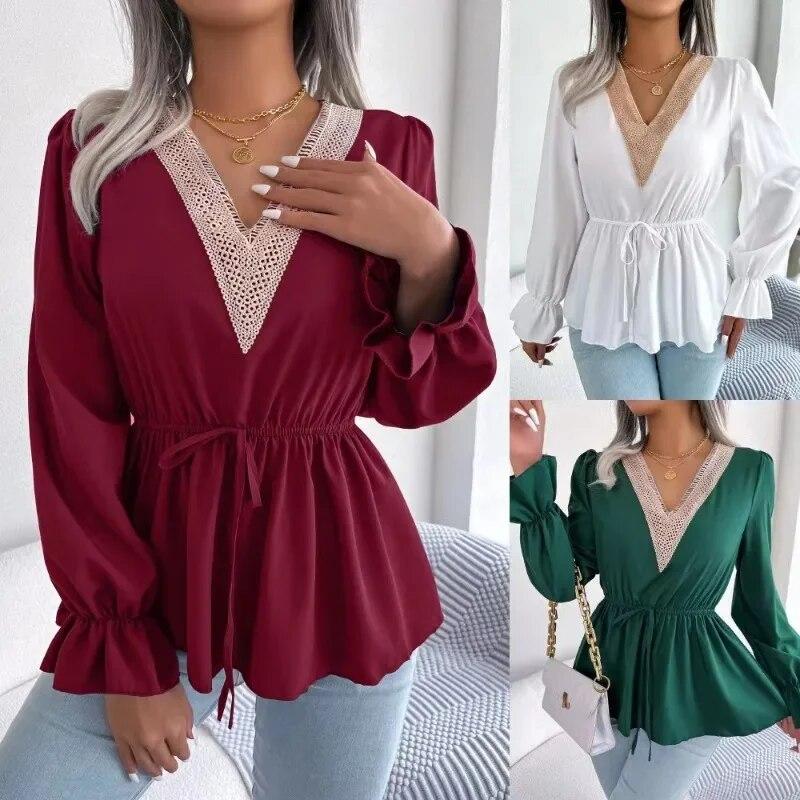 Herbst Vintage V-ausschnitt Spitze Frauen Hemd Lässig Feste Flare Hülse Tops Büro Damen Dünne Spitze-up Elegante Bluse frau 29594