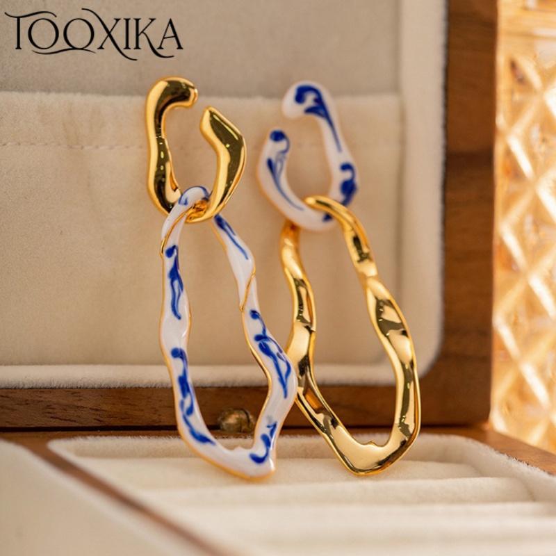 

Tooxika Retro Chinese Style Earrings High-end Female Fashion Imitation Enamel Irregular Blue And White Porcelain Pendant Ladies Earrings