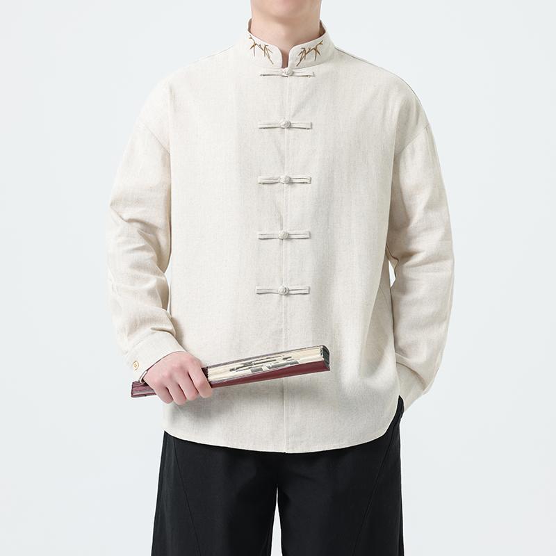 2025 Autumn Men Chinese Style Bamboo Embroidery Shirt Men Long Sleeve Loose Lazy White Shirts Men Cotton Linen Hanfu Tops