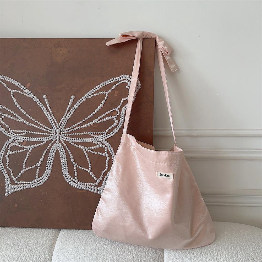 Trendy Soft Tote Bag With Bow For Women 2024 Everyday Use Pink Green Beige
