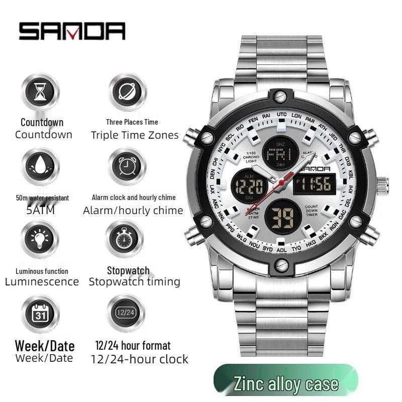 Sanda Tide Men's Dual Display Chronograph Watch: Cool Steel Band, Large Screen, Multifunctional, Waterproof, with Alarm Clock.