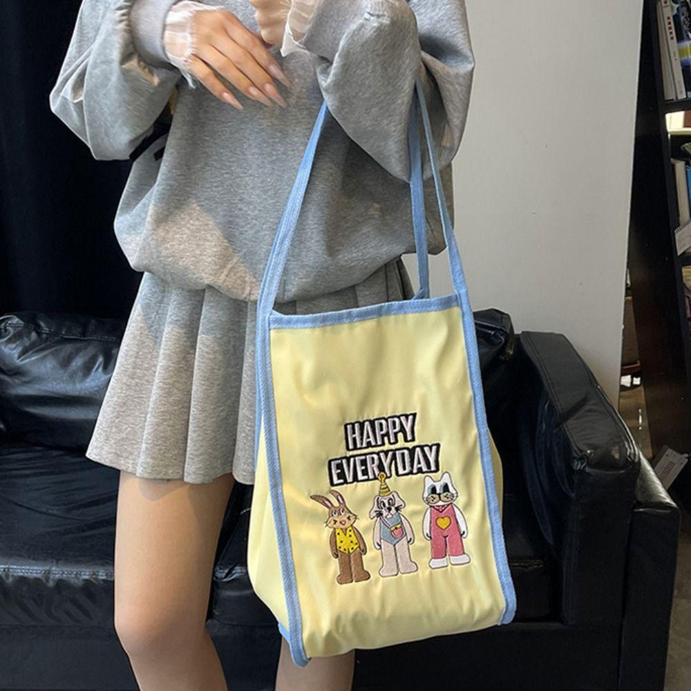 Lightweight Cartoon Shopping Bag Casual Embroidery Basket Bag Tote Bag Bunny Shoulder Bag  Unisex