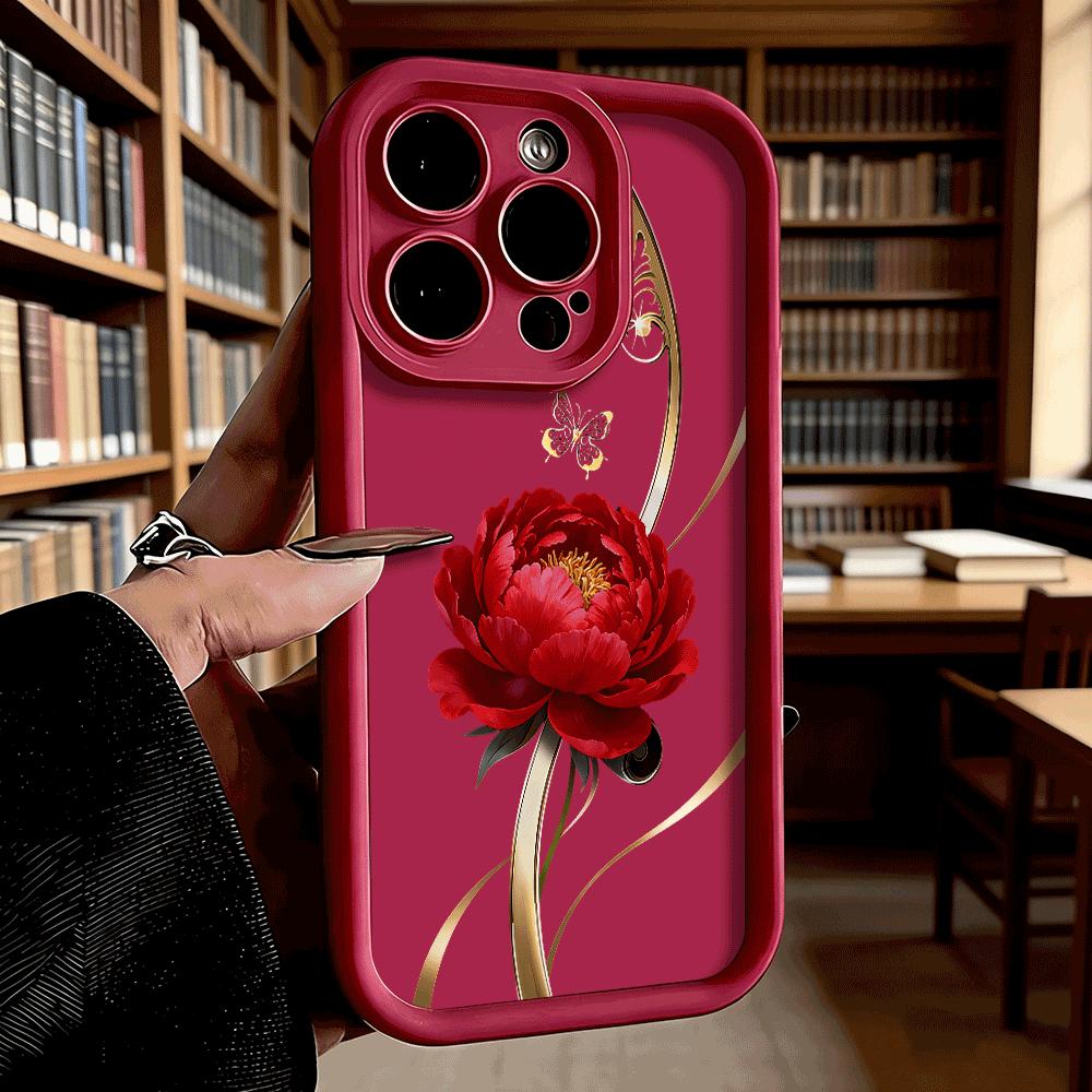 Red Peony Golden Swirls Luxury Anti-Slip TPU Phone Case For Xiaomi Redmi Note 15 14 13 12 11 10 9 Pro Full Protective Cover