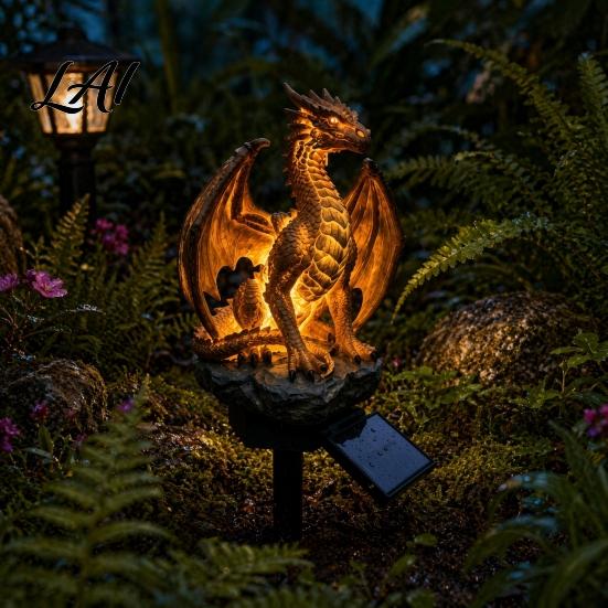 Golden Gorilla Solar Sculpture Dragon Garden Statue Light Gothic Medieval Resin Outdoor Lantern Sculpture Magical Fantasy Decor for Yard Patio,