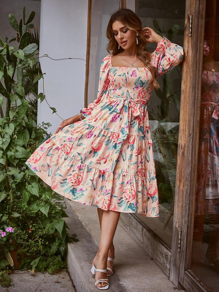 Summer new square neck horn long sleeve high waist dress loose long dress