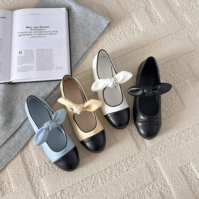 Evening wind Mary Jane shoes women's spring new retro fashion color matching light mouth bow flat shoes