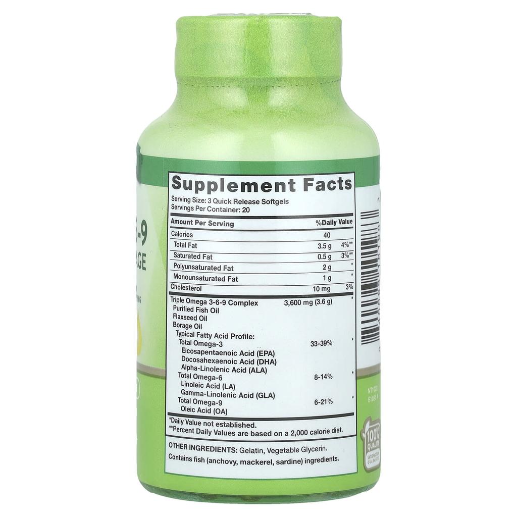 Nature'S Truth, Triple Omega 3-6-9, Fish, Flax, Borage, 3,600Mg, 60 Softgels (1,200Mg per Softgel)