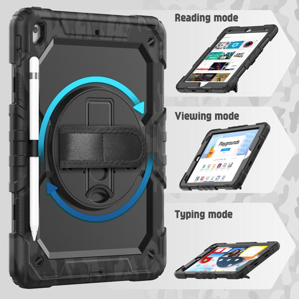 For iPad 10.2 (2021)/(2019)/(2020) Case Camo Printing PC + Silicone Tablet Cover with PET Film/Shoulder Strap