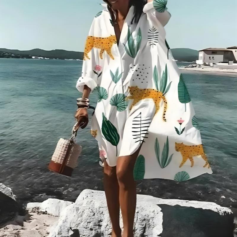 Spring and Summer Season Fashion Ladies s Loose Casual Long Sleeve Shirt Dress Elegant Ladies s Casual White Print Lapel Single Breasted Dress L