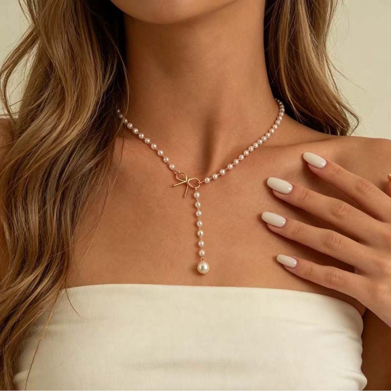 Vintage White Imitation Pearl Tassel Necklace for Women Fashion Gold Color Handmade Beaded Clavicle Chain Necklace Jewelry
