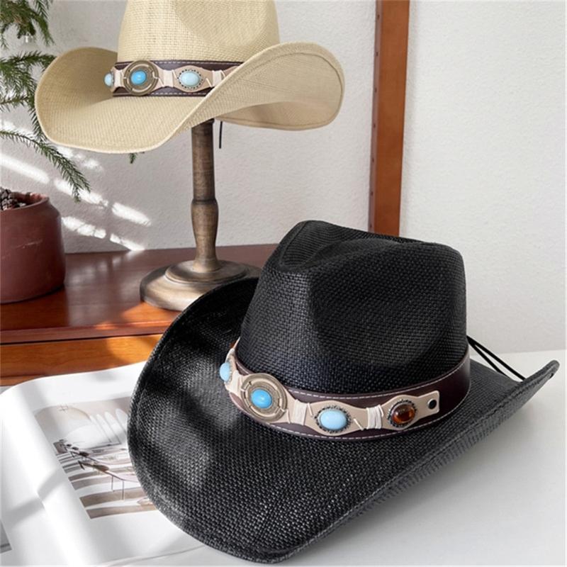 Handwoven Straw Hat for Female Cowgirl Hat with PU Belt Fashion Panamas Hat Music Festival Cowgirl Hat for Seasides Travel