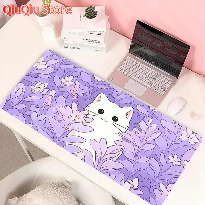 White Black Cat Leather Mouse Pad PC Green Plants Flower Gaming Keyboard Rug Laptop Anime Gamer Cabint Mousepad Cute Desk Mat