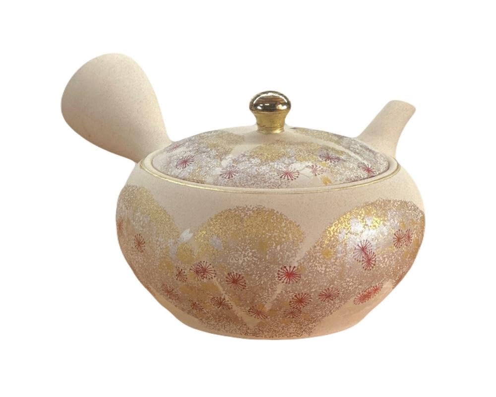 

Shogama White Clay Flat Round Teapot with Gold-Decorated Yoshino Cherry Blossoms