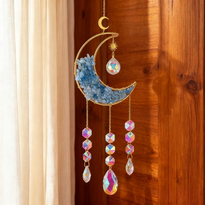 Wholesale Natural Healing Crystal Stone Handmade Moon Wind Chime Octagonal Bead Quartz Suncatcher Crafts for Gifts (Aquamarine,45cm)