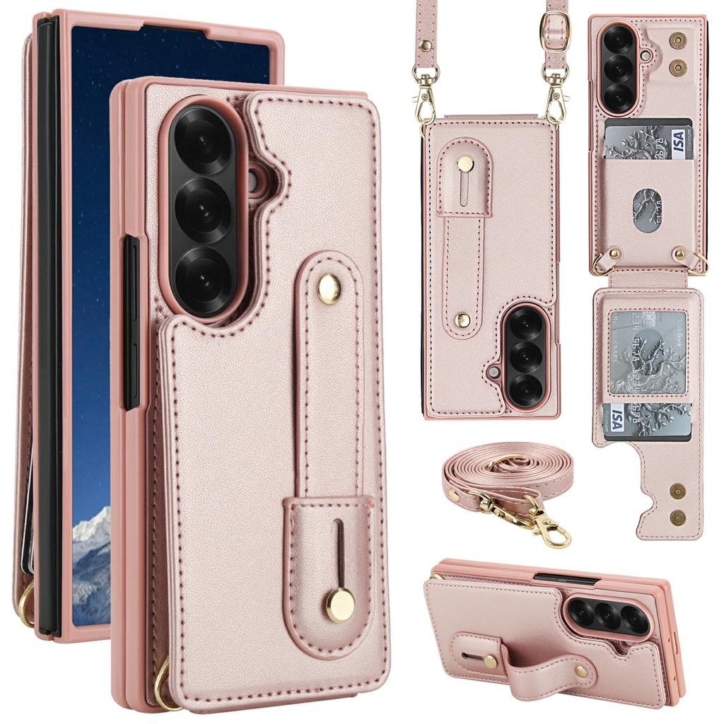 For Samsung Galaxy Z Fold6 5G Case Kickstand Card Slots Leather Coated TPU Cover with Shoulder Strap