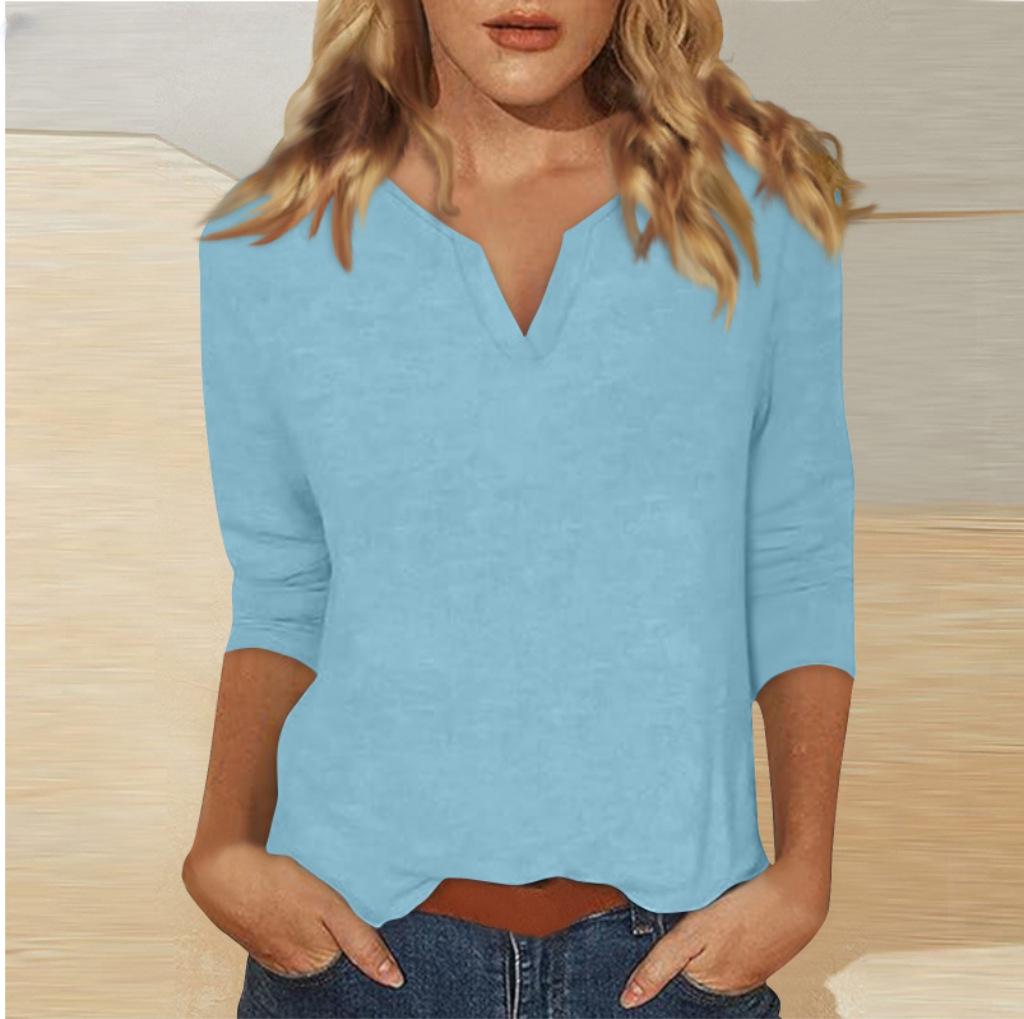 2025 Women's V-Neck 7-Point Sleeve Solid Color T-Shirt