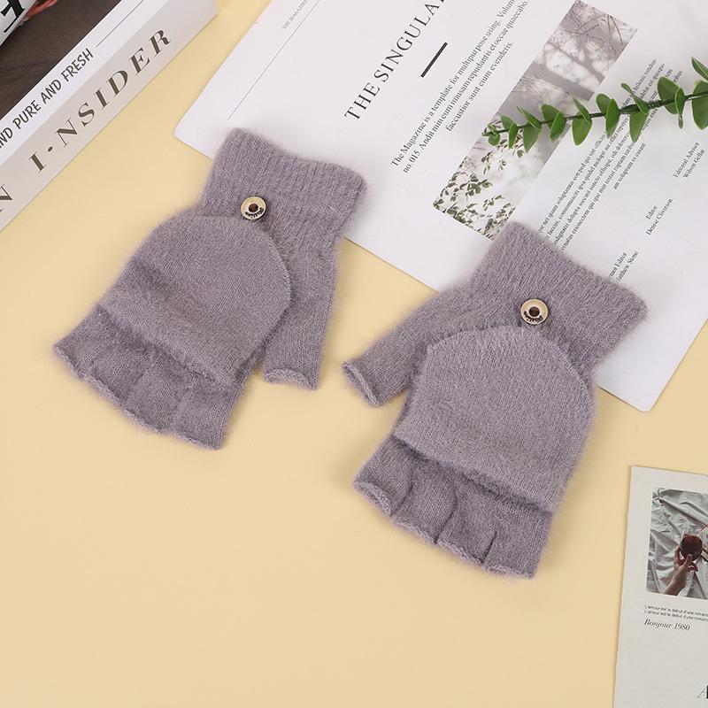 Korean Version Versatile Student Writing Cute Half-finger Flip-up Gloves for Women Autumn and Winter Imitation Cashmere Knitted Wool Warm Fingerless