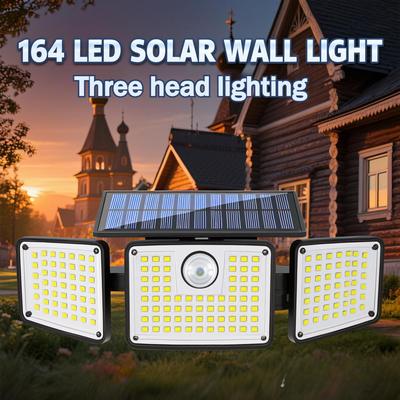 Solar-Hofleuchte, 164 LED intelligente Sensor-Außenbeleuchtung Wandleuchte, 3-köpfige integrierte Wandleuchte mit Fernbedienung, für Garten, Hof