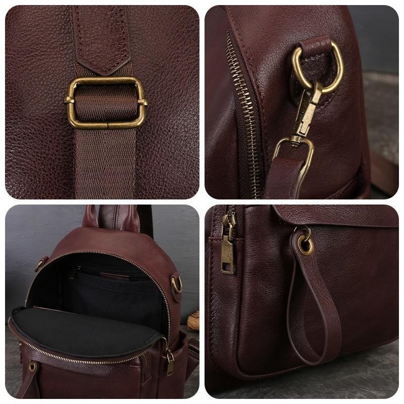 Genuine Leather Double-shoulder Bag for Ladies, Plain-colored Vintage Student Schoolbag