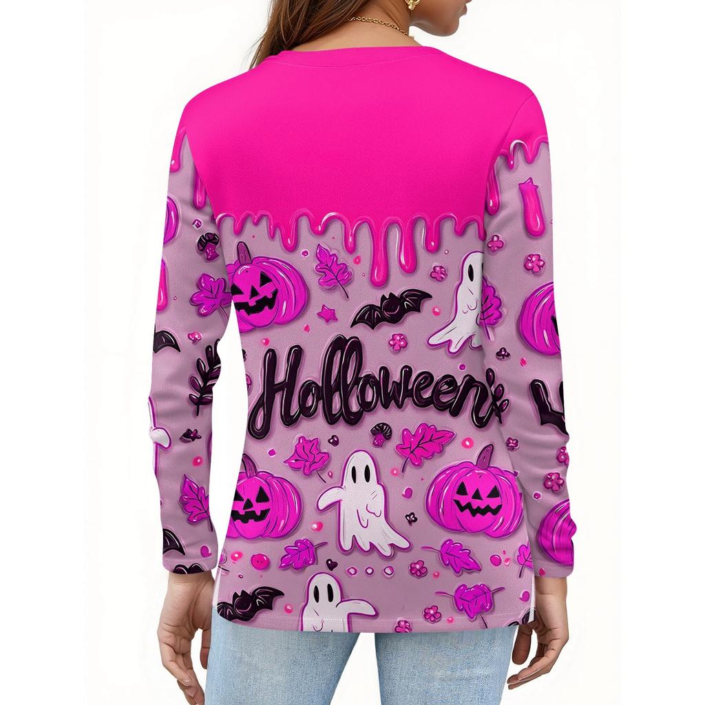 Women's Fashion Casual Slit Hem Round Neck Long Sleeve Loose Halloween Printed T-Shirt Ladies Top