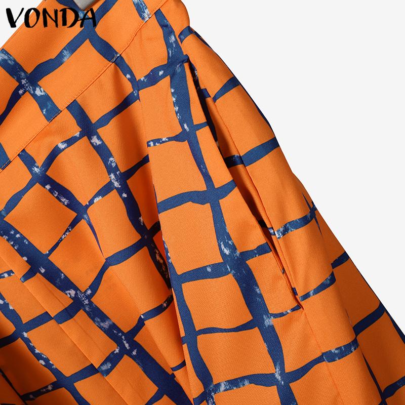 VONDA Women Outfits Plaid Print Long Flare Sleeve Blouse and Wide Leg Pants Casual Two Piece Suit