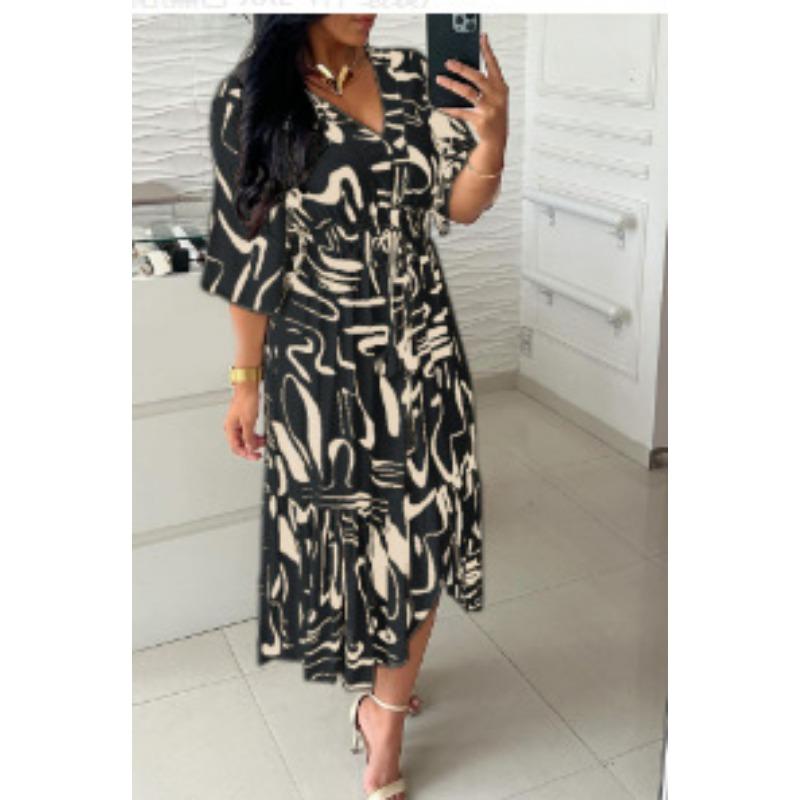 

Летнее Платье Женское Модное С Принтом, V-образным Вырезом и Короткими Рукавами, Большого Размера, С Завышенной Талией, На Шнуровке, Свободное Повседневное А-силуэта, Плиссированное, Облегающее, С Рюшами M чёрный