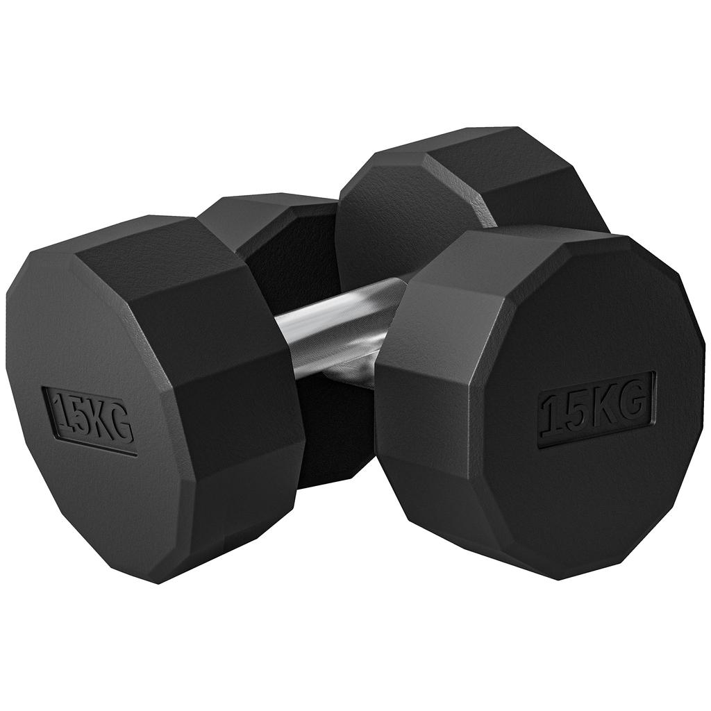 Set of 2 12-Sided Dumbbells 15 Kg In Metal and Rubber with Non-Slip Grip, 26x15.5x15.5 Cm, Black