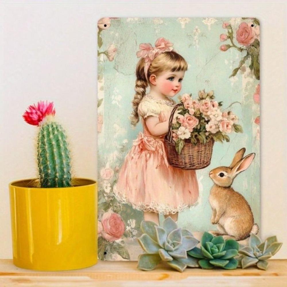 Vintage Metal Poster Rabbit Girl 8x12 Inch Tin Sign Wall Art Decor