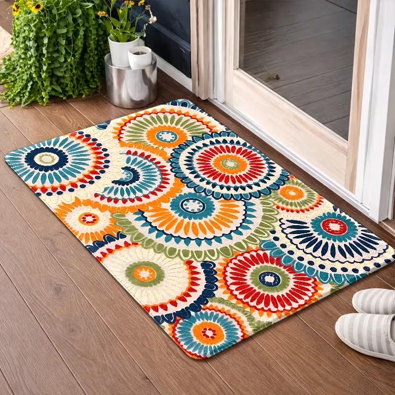 Colorful Boho Floral Door Mat Non Slip Indoor Entrance Rug Vintage Ethnic Circle Geometric Flower Print Doormat for Hallway