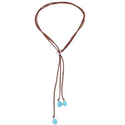 Bohemian Turquoise Necklace Long Chain Tassels Necklace Handmade Vintage Jewelry Brown Strap Choker Beach Necklace XYZ