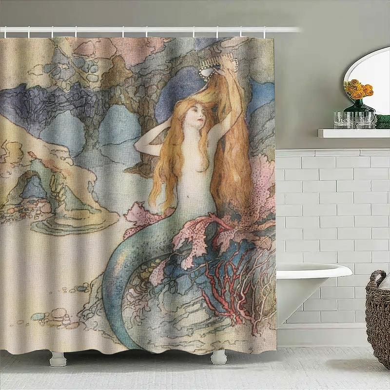 Vintage Red Flower Print Shower Curtain 3D Birds Bath Decoration Home Decor Waterproof Fabric Bathroom Accessories