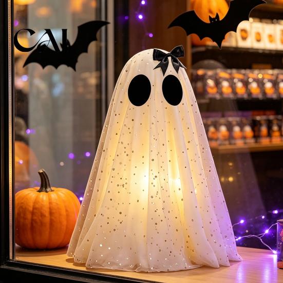 Halloween Party Table Centerpieces Ghost Decor, Spooky Sequin Mesh Fabric with Witch Hat/Bow, Soft Atmosphere Ornaments Small Standing Tabletop
