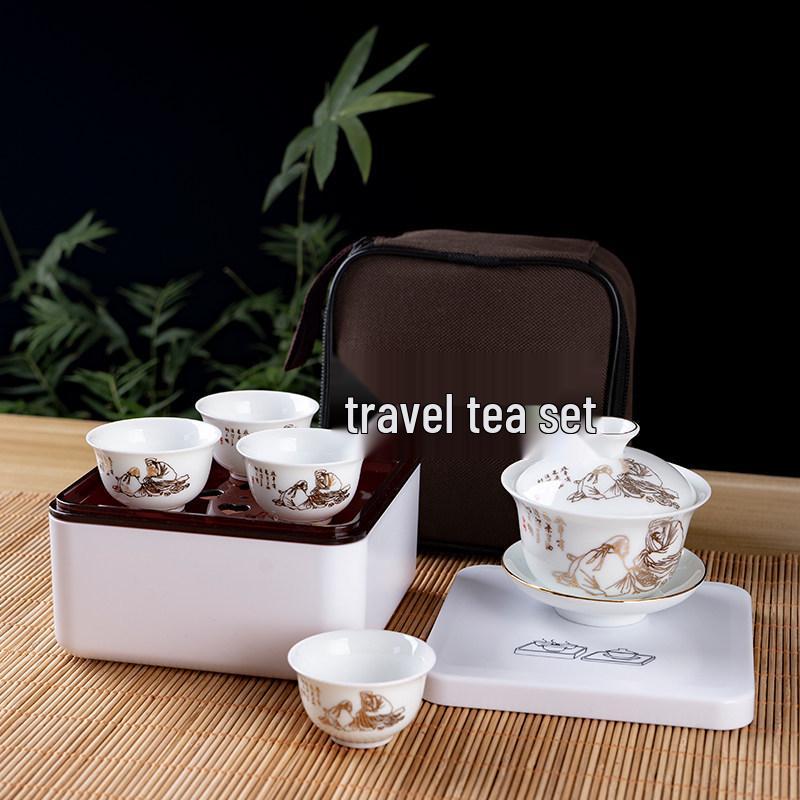 Portable Ceramic Kung Fu Travel Tea Set with Tray and Case