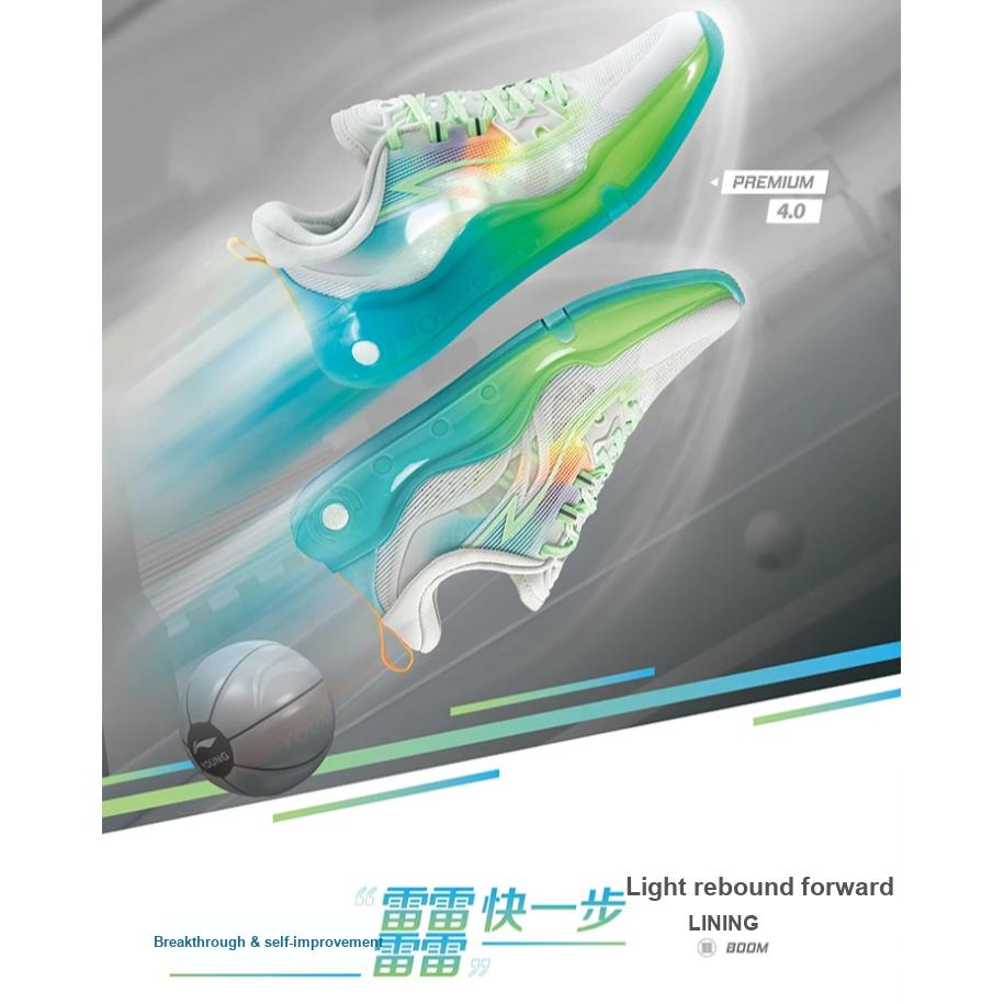 Li Ning Premium 4.0 Reflektierend Leicht Atmungsaktiv Rebound Low-Top Basketballschuhe Kinder Sneaker Hellgrau Blau YKBU016-1