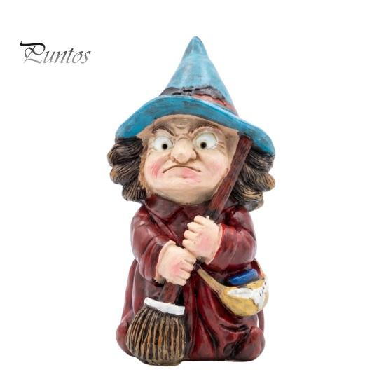 Halloween Themed Photography Prop Witch on Broomstick Resin Figurine, Gnome Statue with Wizard Hat, Hand-painted Figure Vintage Spooky Decor for Shelf
