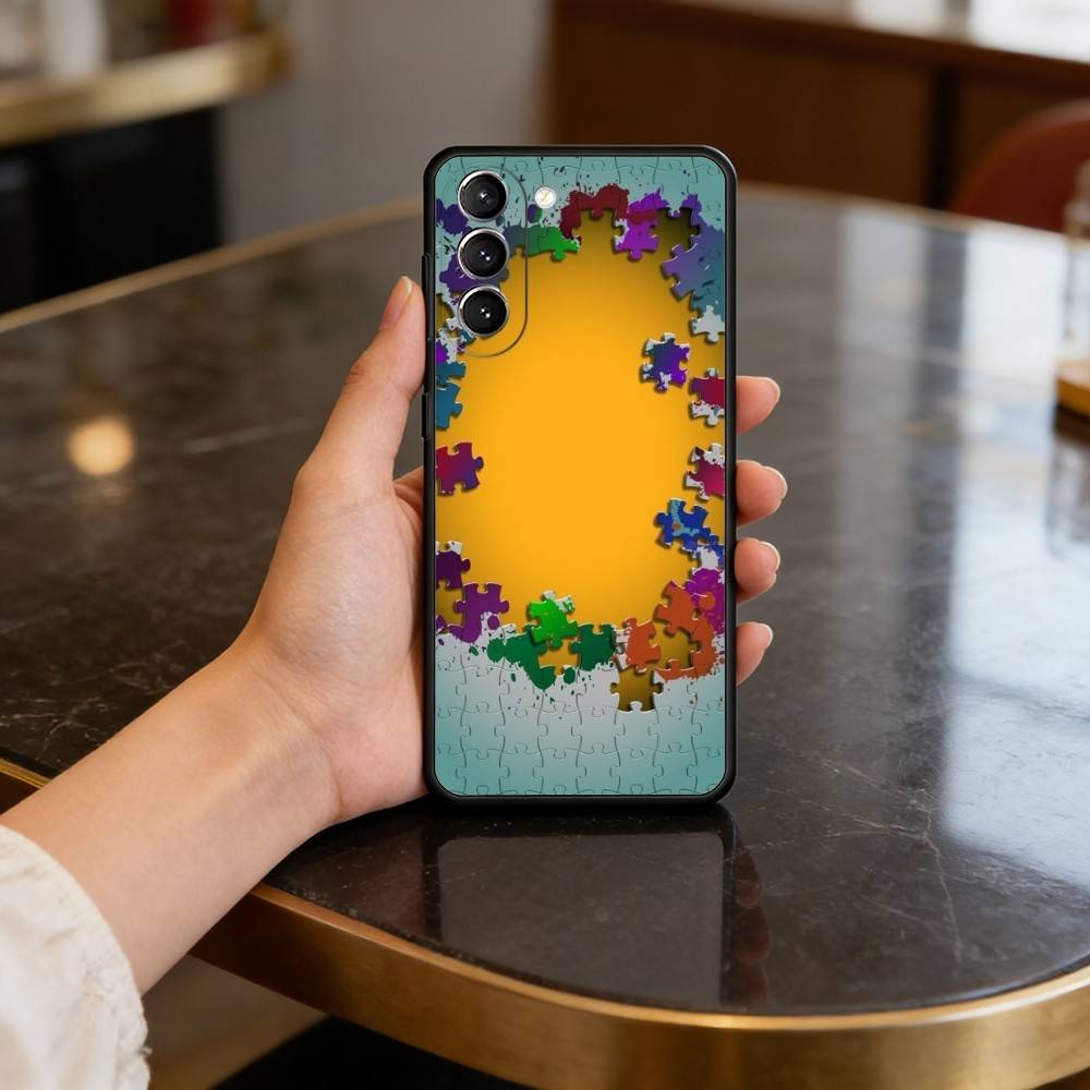 Autism Support Puzzle Pattern Phone Case For Samsung S25,24,23,22,30,21,10,9,Ultra,Plus,Lite,FE,4,5 G Soft Black Case