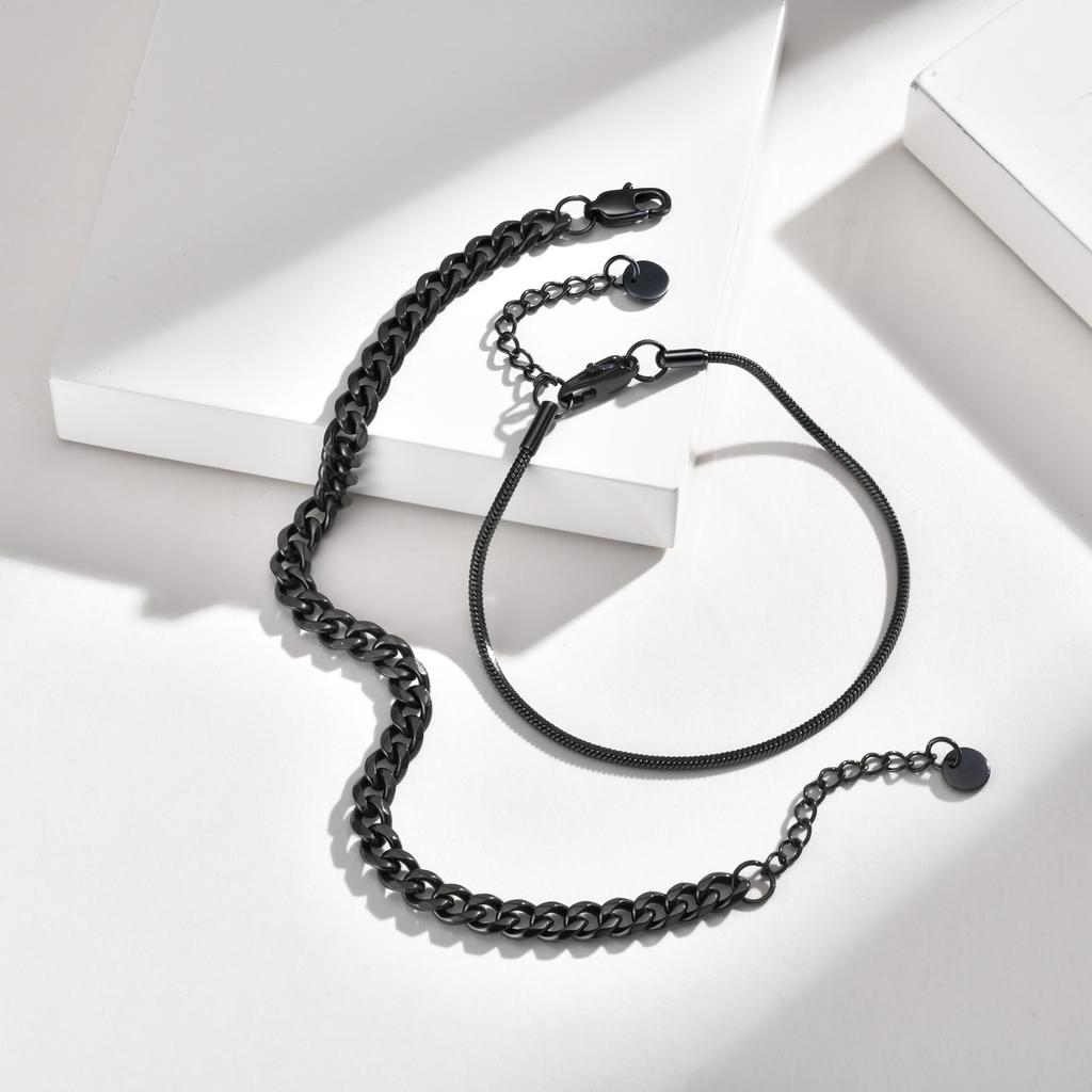 Vnox 2pcs Snake Cuban Link Chain Bracelet Set Black Silver Color Stainless Steel Adjustable 18-21cm Wristband Gift for Men Women